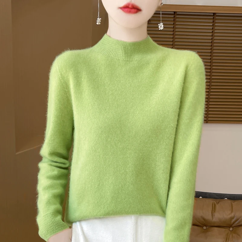 

Свитер из 100% мериносовой шерсти для женщин, осенне-зимний пуловер, трикотаж, уютный, мягкий, теплый джемпер, базовый женский топ с воротником-стойкой, повседневный, модный