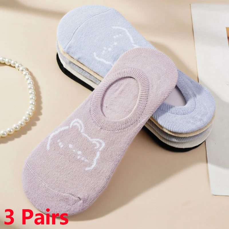 

3Pairs Girls Cotton Cute Cartoon Bear Boat Socks Funny Soft Breathable Kawaii Women Summer Short Non-slip Invisible Ankle Socks