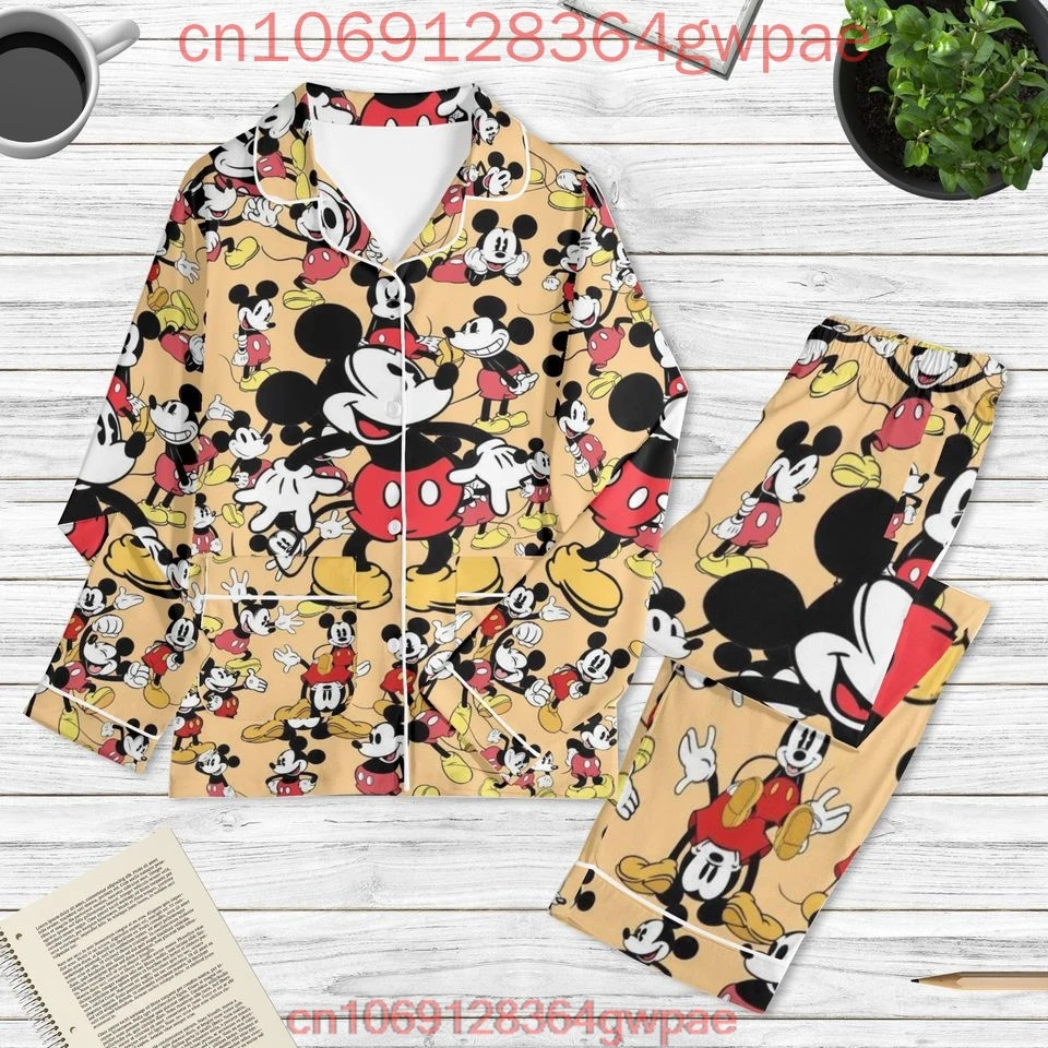 New Disney Mickey Christmas Pajamas Set Mickey Minnie 3D Printed Casual Men\'s and Women\'s Long Sleeve Shirt Pajama Set