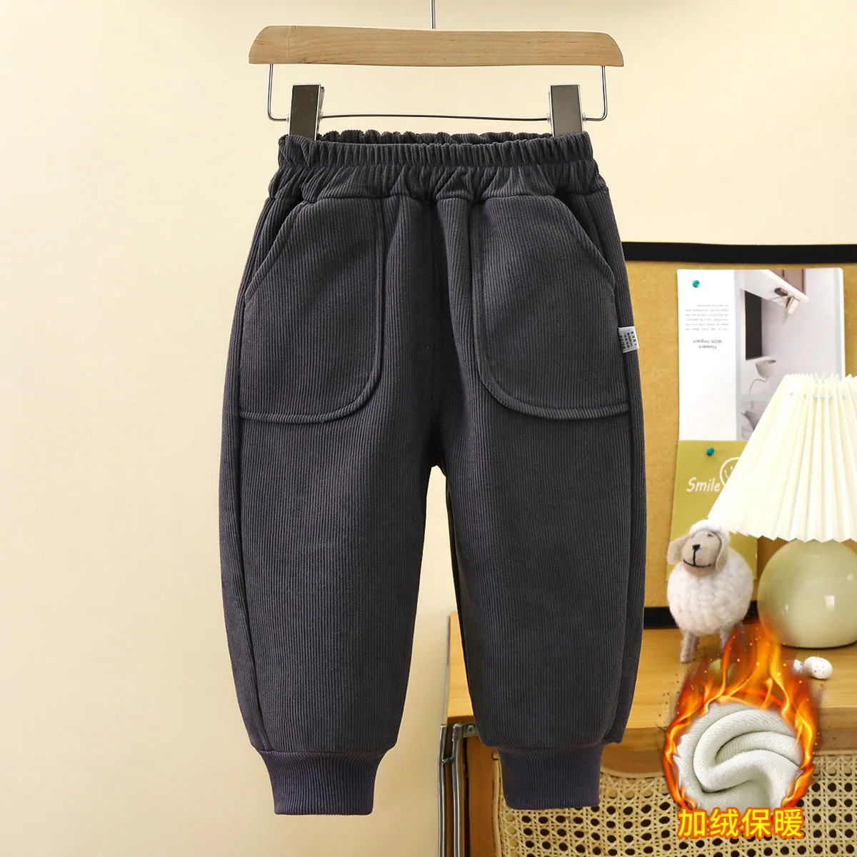 Kids' Solid Color Pocket Pants Children Winter Boys' Fleece-Lined Thickened Warm Elastic Cuff Pants Girls' Kid Sweatpants Babies