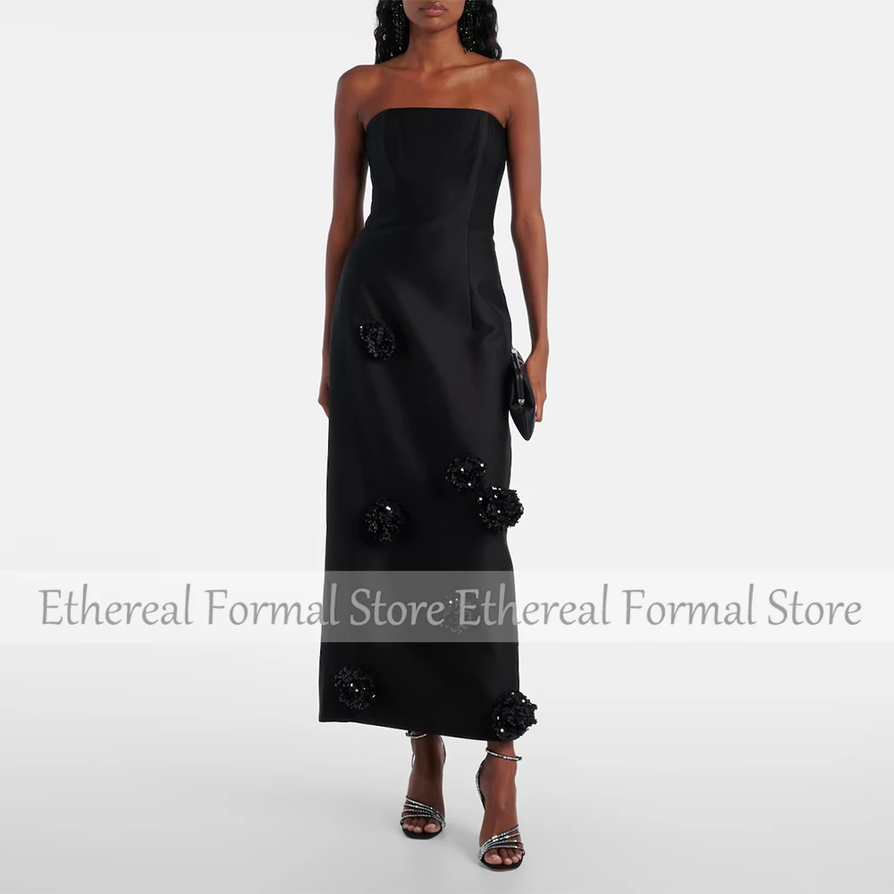 Robe de soirée noire moderne pour Wowen, gaine, robe de soirée formelle, sans bretelles, longueur thé, robe de bal avec fleurs