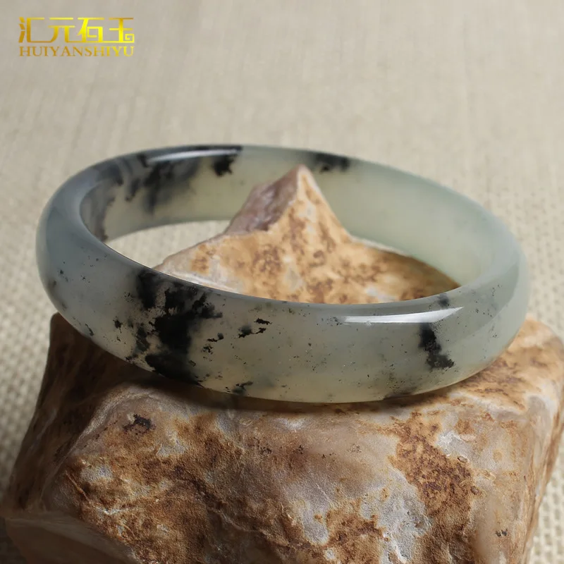 Ice with black patterns, round style, -colored floral jade bracelet, artistic retro ink painting bangle