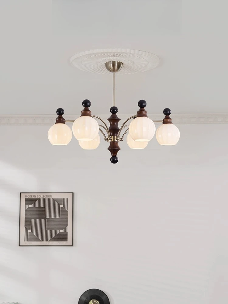 Mid-Century Modern Meets New Chinese Solid Wood Chandelier with Glass Shade, Living Room Hall, Premium Wood Grain Texture
