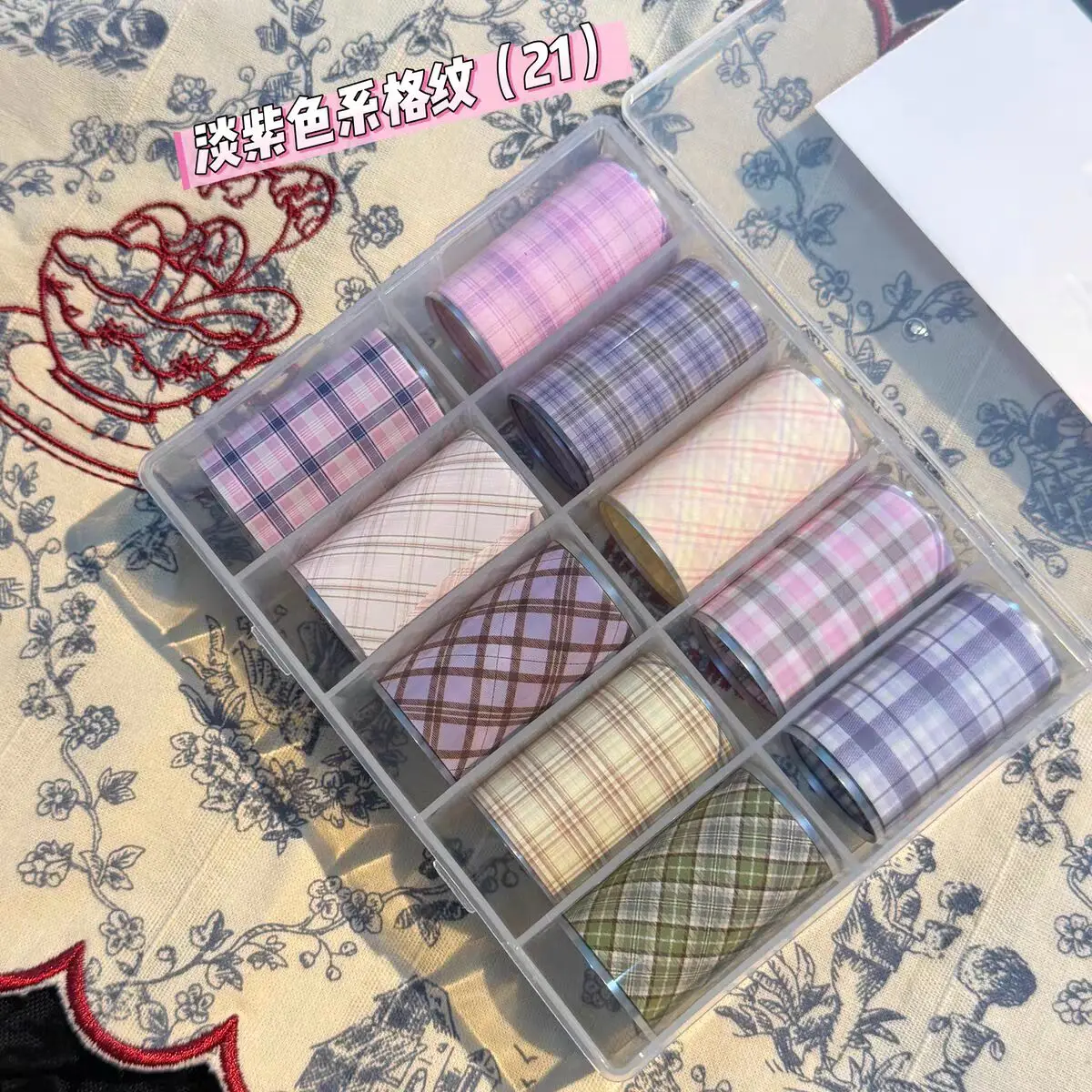 10Rolls Plaid Thousand-Bird Bow Stars Nail Foils Transfer Paper Nail Art Stickers Manicure Set Decal Nails Decoration