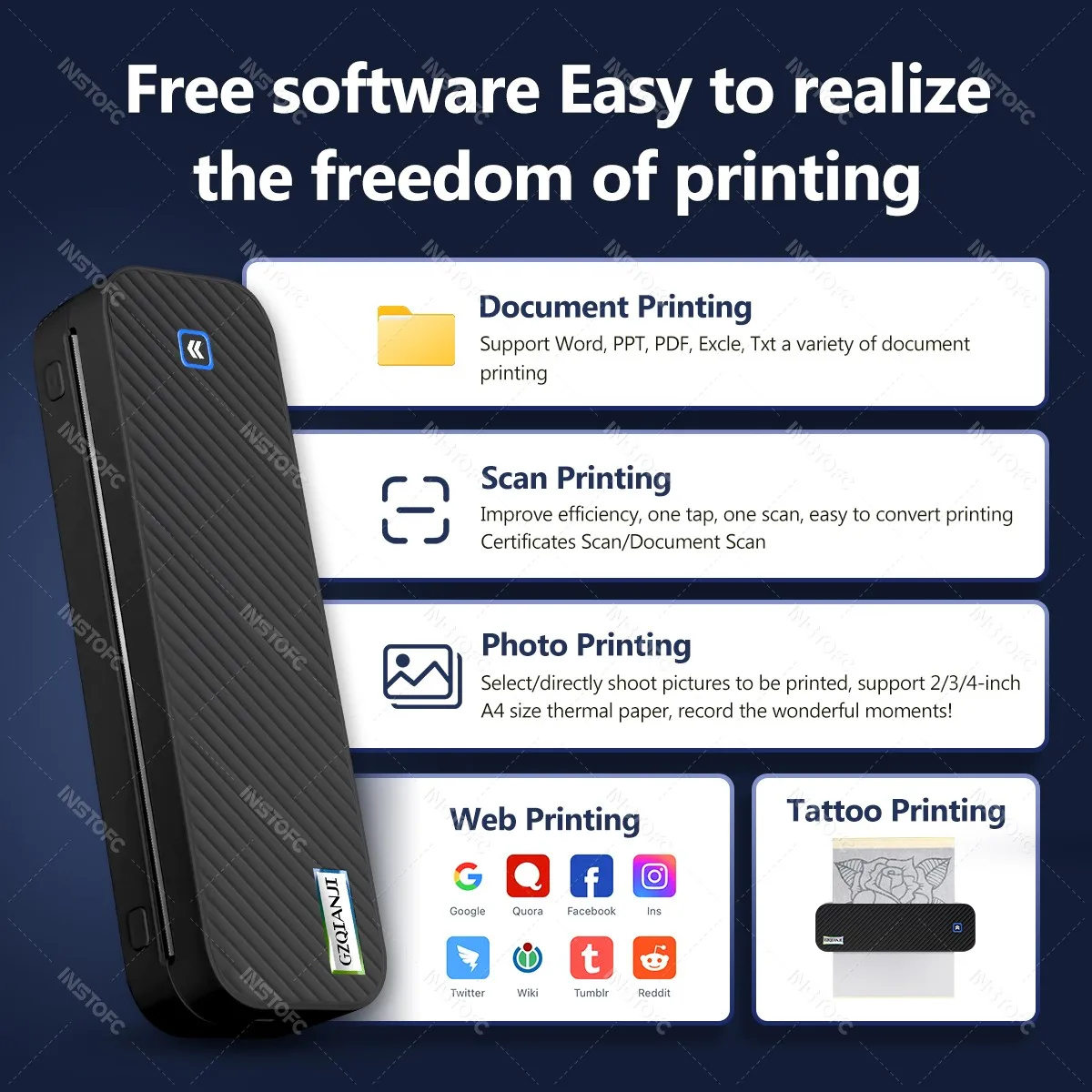 Stampante termica Bluetooth/USB Mini A4 Stampante portatile senza inchiostro A40 Stencil per tatuaggi Carta per trasferimento Stampa di documenti fotografici per iOS Android
