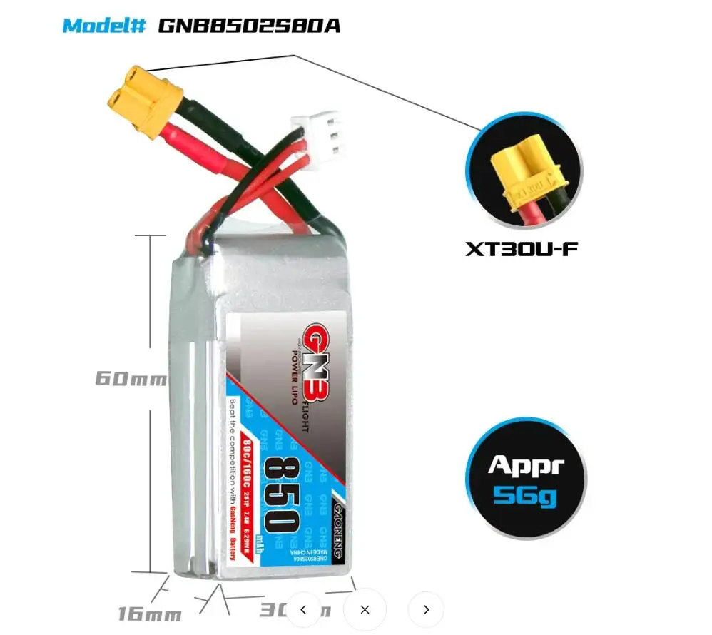 2PCS GNB 2S LiPo 850mAh 7.4V 80C 160C LiPo Batterij Lange afstand XT30 voor UMX Pitts S-1S Mini Micro FPV Freestyle Drone Lange Type