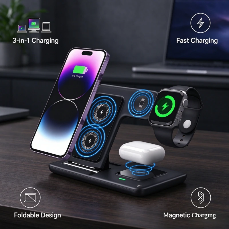 3 in 1 Wireless Charger For iPhone 17 16 15 14 Apple Watch AirPods Fast Charging Stand Dock Desktop Charging Station Travel Home