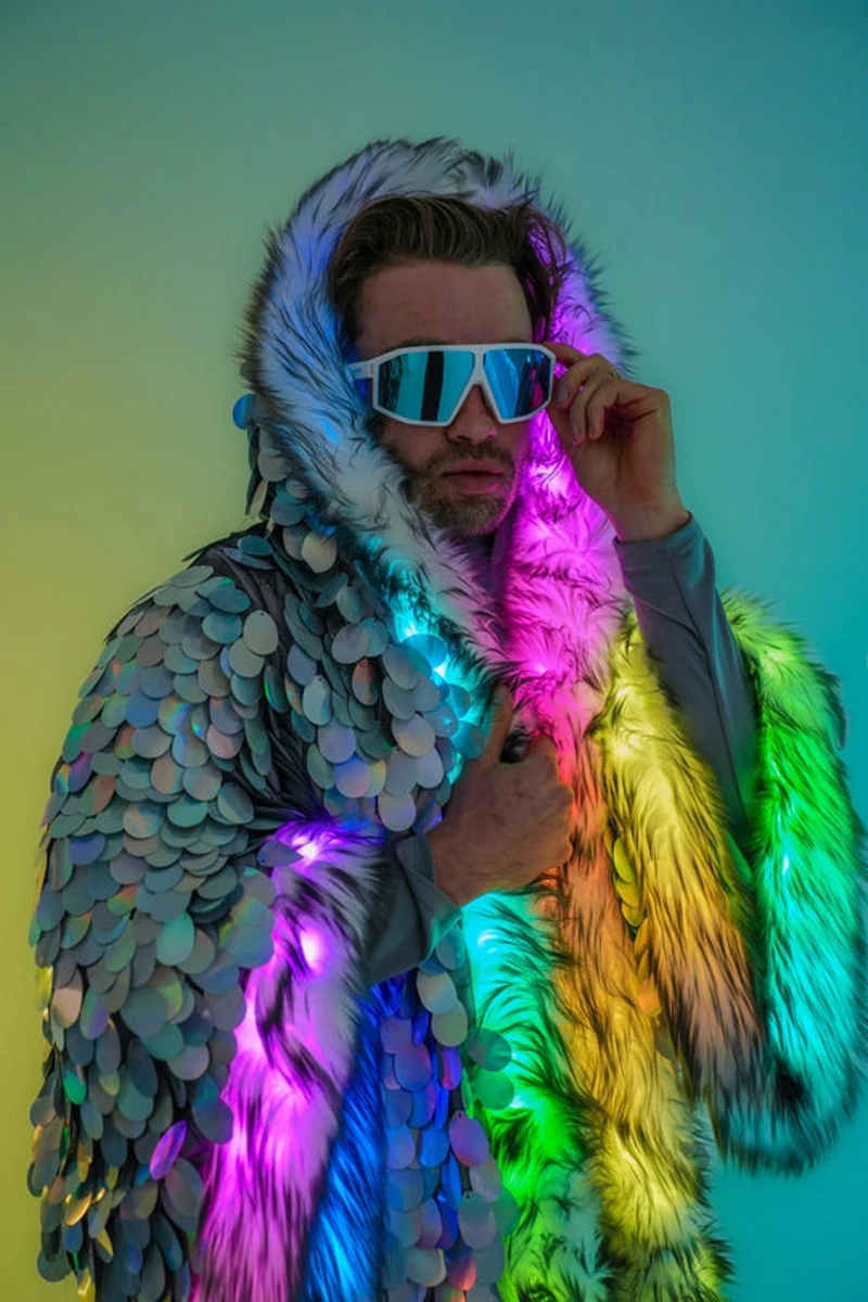 New Silver Sequin Faux Fur Jacket Patchwork LED Luminous Costume Applicable To Multiple Scenarios Men\'s Faux Fur Coat