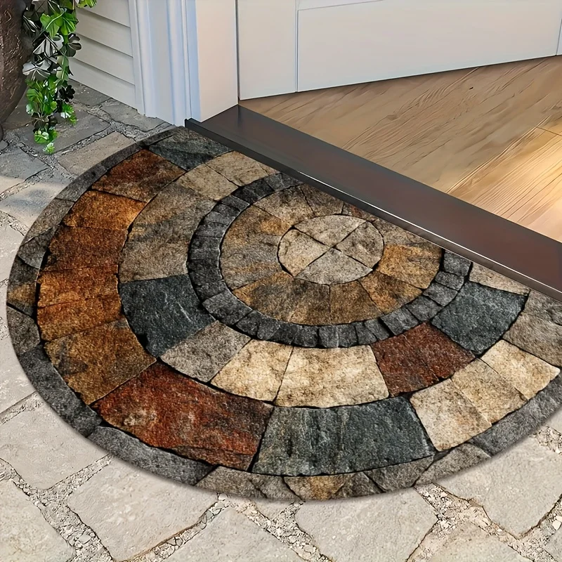Faux Stone Brick Concentric Circles Earth Tone Semi Circle Doormat For Rustic Entryway Non Slip Welcome Floor Mat Accent