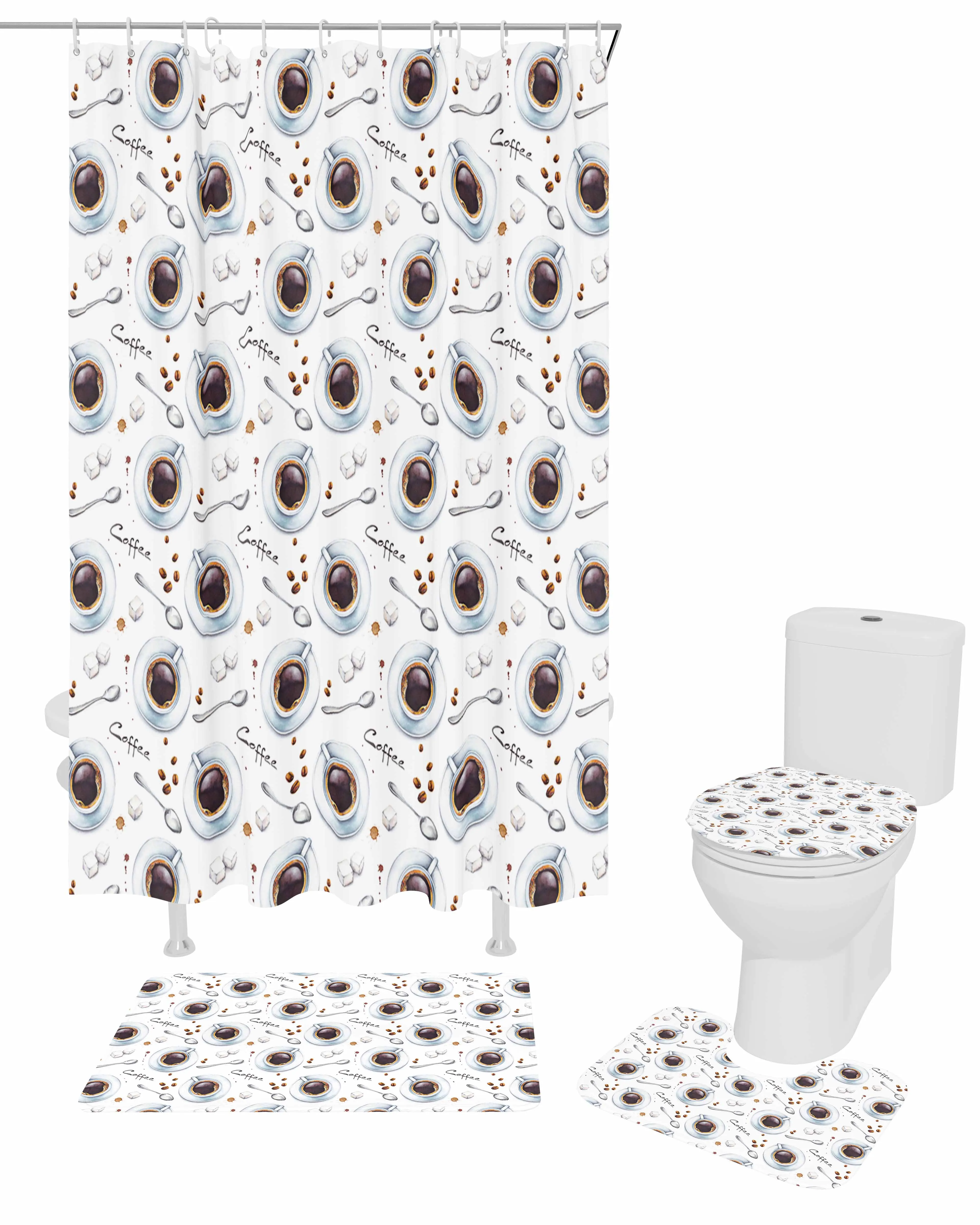 Coffee Beans Texture White Shower Curtain Non-Slip Rugs Toilet Lid Cover and Bath Mat Bathroom Curtains with Hooks