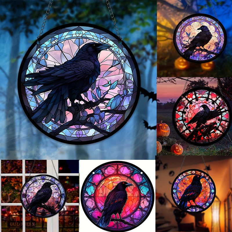 Raven Stained Window Hangings Crow Decorations for Halloween Bird Suncatcher for Balconies Wreath Sign Craft Pendant Room Decor