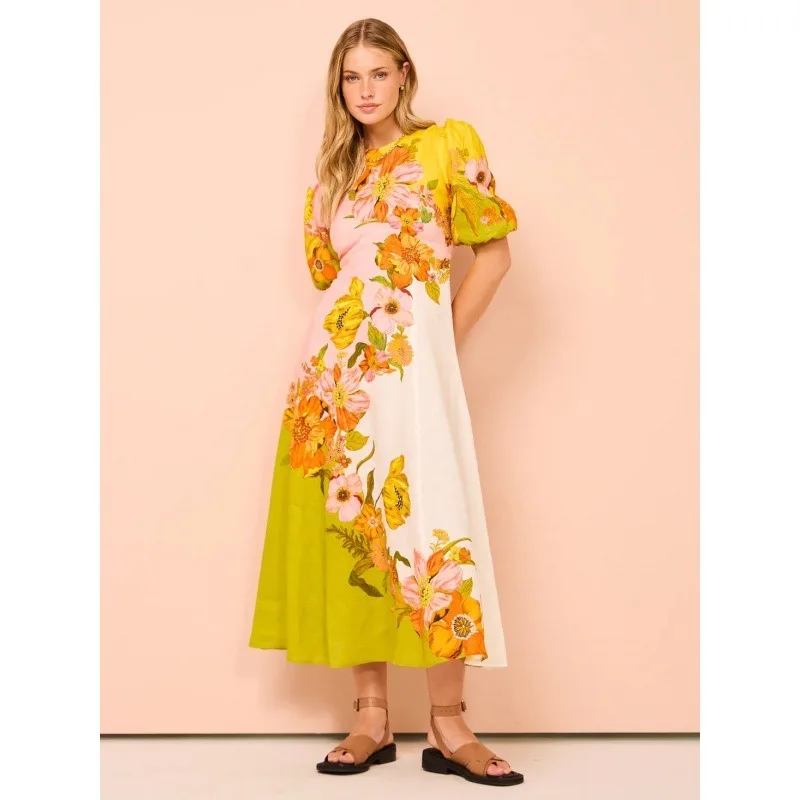 

2025 New Fashion Print Bubble Sleeve Flared Dress For Women Custom Fit Elegant