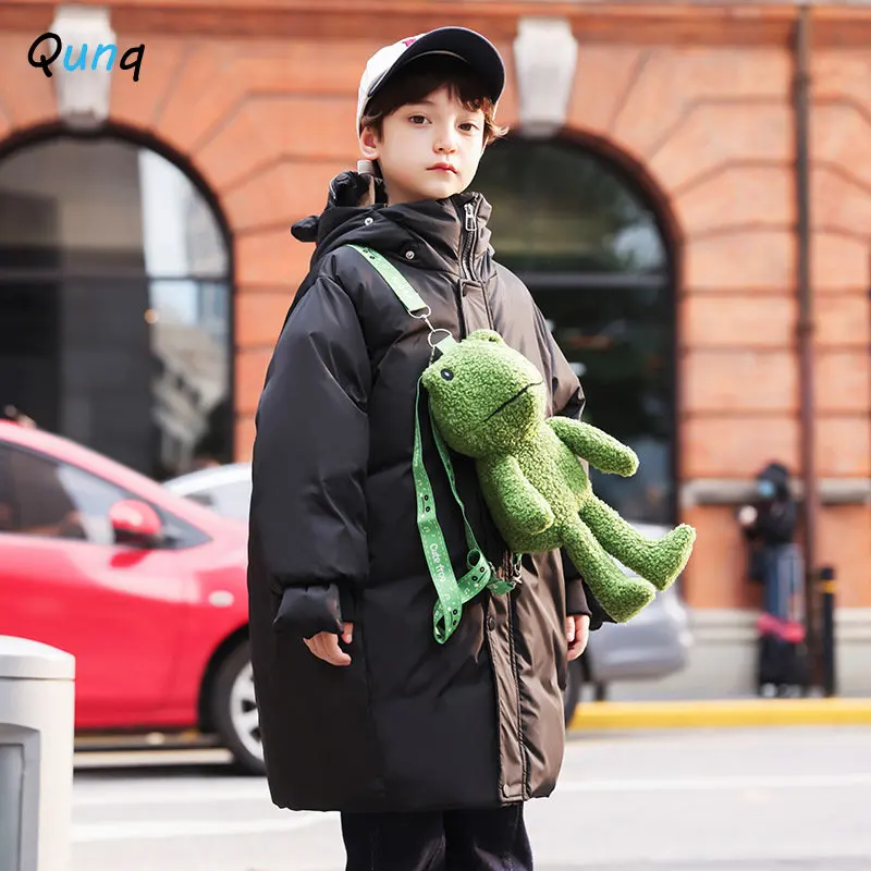 Qunq Winter New Boys Solid Long Sleeve Hooded Cartoon long Loose Keep Warm Down Jacket Parkas Casual Kids Clouthes Age 3T-8T