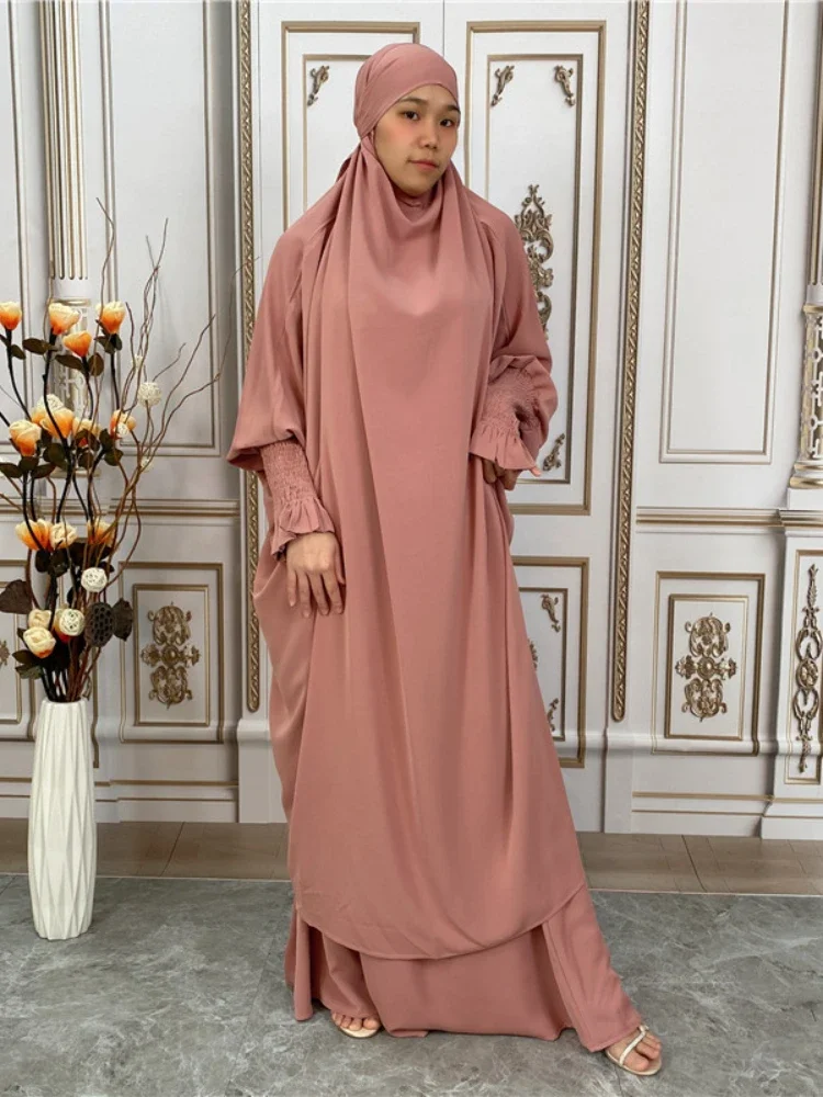 Eid Hooded Muslim Women Dress Nida Prayer Garment 2 Piece Jilbab Skirt Set Abaya Long Khimar Ramadan Gown Islamic Clothes Niqab