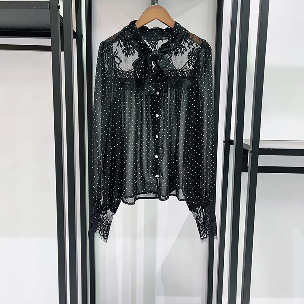 

Женская блузка с принтом в горошек и бантом, с кружевными вставками, прозрачная, элегантная, для офиса, с длинным рукавом, топ, новинка весны 2026, Y2K