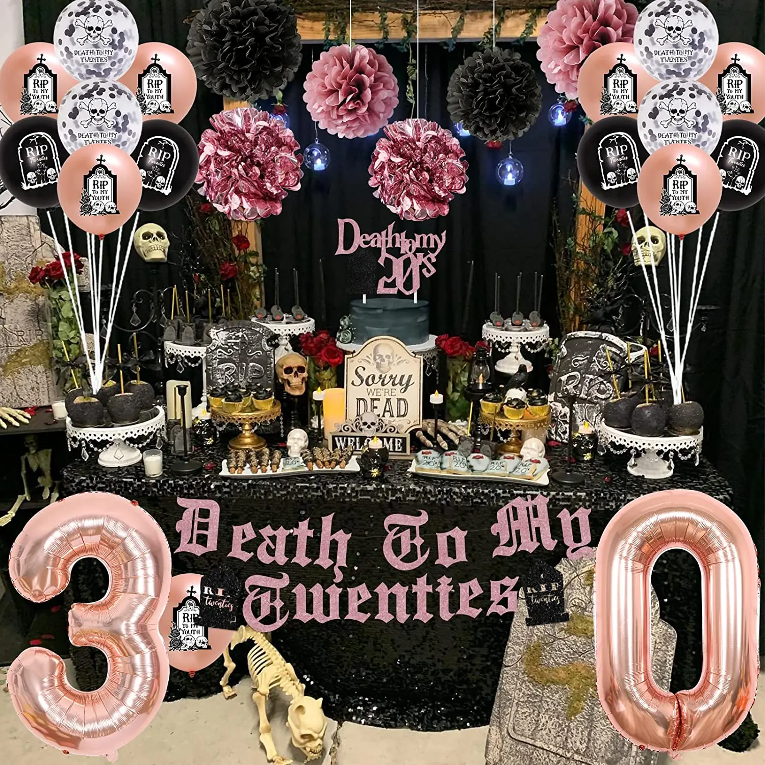 Rip Twenties Birthday Decorations Women 30th Supplies Black Rose Gold Death to My Twenties Banner Sash Balloons Fringe Curtain