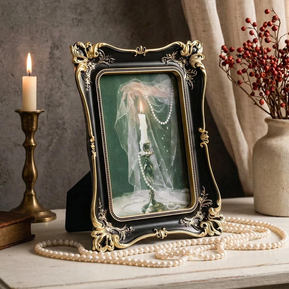 Resin Vintage Photo Frame in for Black and Gold Finish for 7in Photos Baroque Scrollwork Design For Home Tabletop Wall Decor