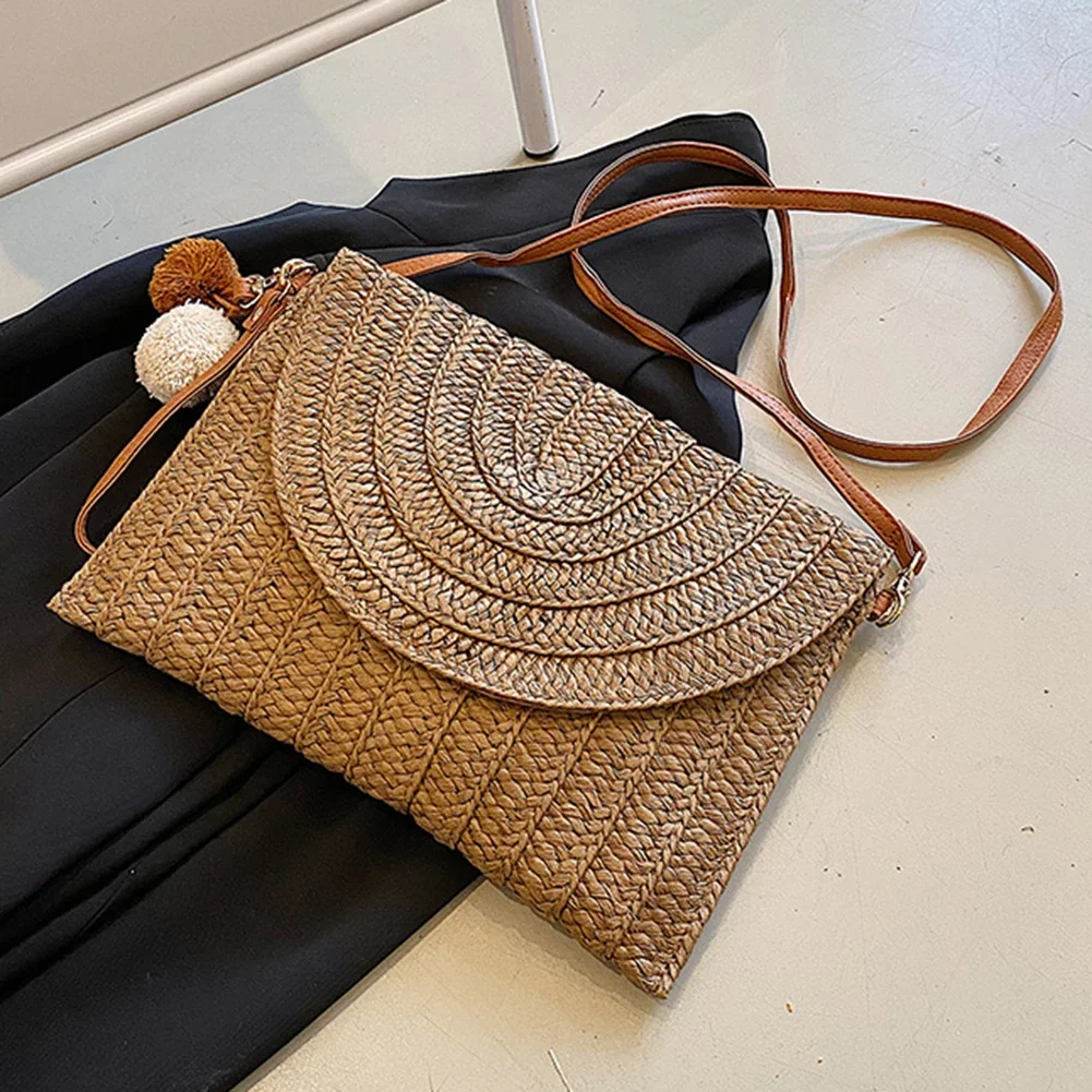 Summer Beach Straw Clutch Bag Cute Ball pendant Crossbody Bag for Women Travel Shoulder Bags Purse Ladies Casual Wicker Handbags