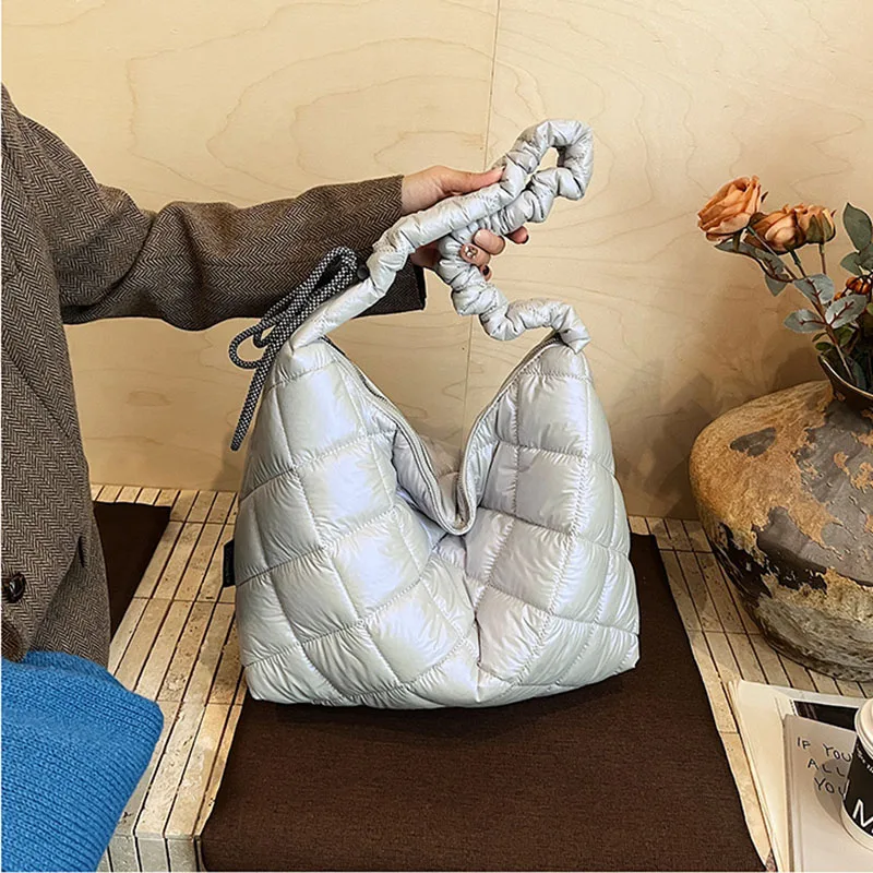 Autumn Winter Quilted Cotton Tote Bag For Women Korean Fashion Large Capacity Shoulder Bags Casual Chic Thick Shopping Handbags