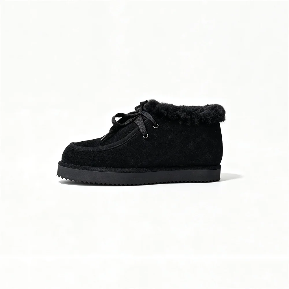 Women's Cow Suede Ankle Boots - Lace-Up Fur-Lined Winter Shoes