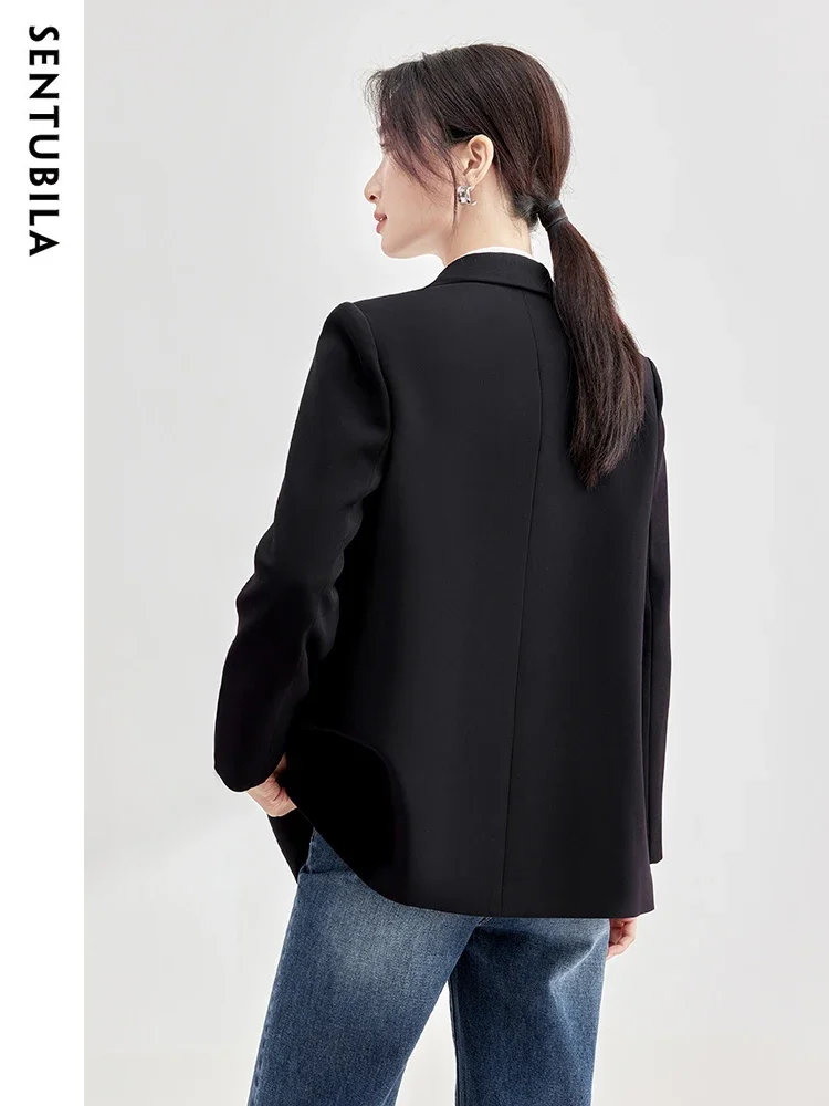 SENTUBILA Black Tailoring Blazer Women 2025 Elegant Notched Double Breasted Jacket New In Outerwears Woman Clothing 133X49854