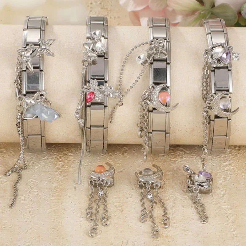NEW Bright Flower Moon Bow Heart Butterfly Crystal Long Chain Tassels Charm Fit 9mm Stainless Steel Bracelet DIY Making Jewelry