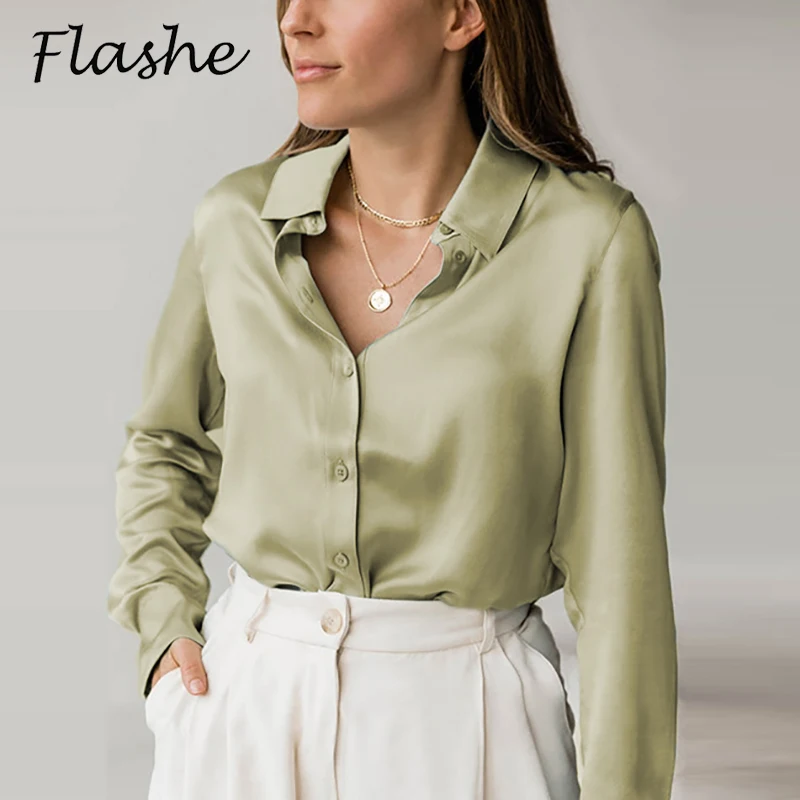 Elegant Satin Long Sleeve Blouse Women Vintage Green White Black Silk Shirt Women Casual Loose Button Shirt For Women Solid Tops