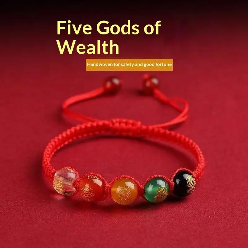 Five Wealth Gods Lucky Charm Red String Bracelet Smooth Glass Beads for Kids Daily Wear Birthday Present