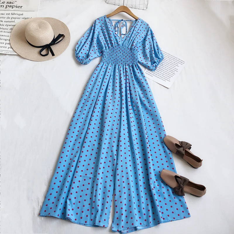 2026 New Summer Woman fashion V Neck short sleeve Dot print jumpsuits high waist pleated casual wide leg Rompers