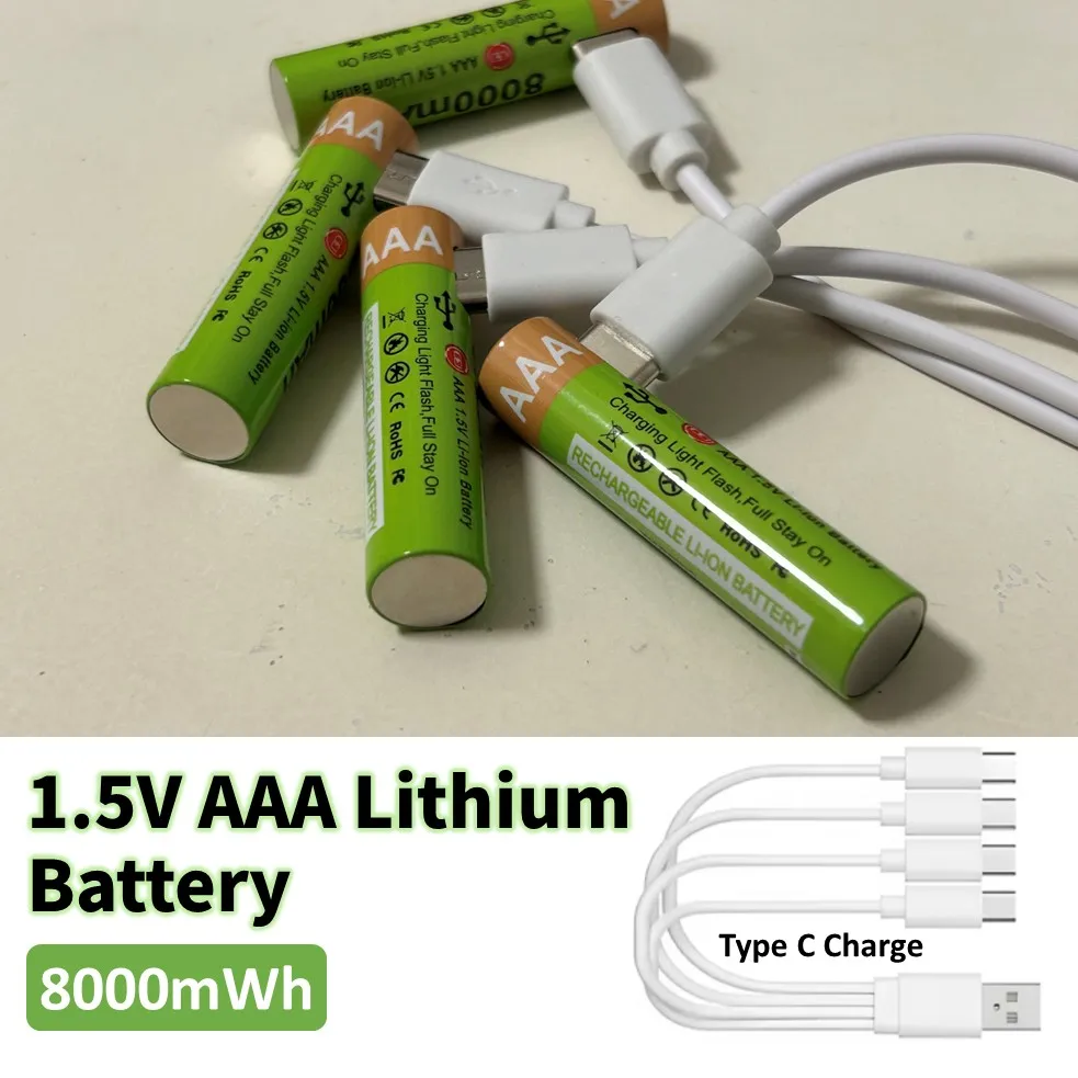 Durable 8000mAh AAA Battery, Rechargeable AAA Li-ion Battery with USB C Charging Cable, for High-Drain Devices Cameras Remotes