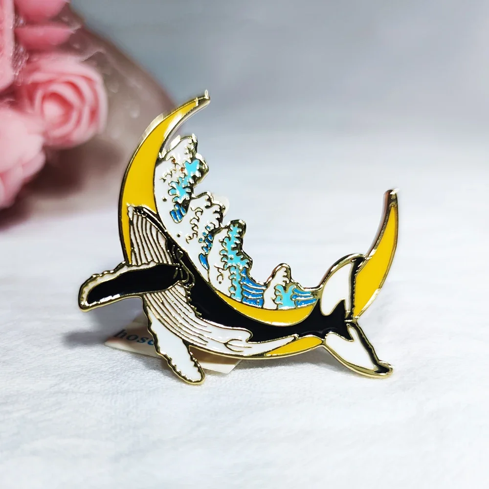 Blucome New Design Quality Copper Brooch Cute Anime Whale Moon Brooch for Women Party Dress Hat Suit Hijab Pins Fa
