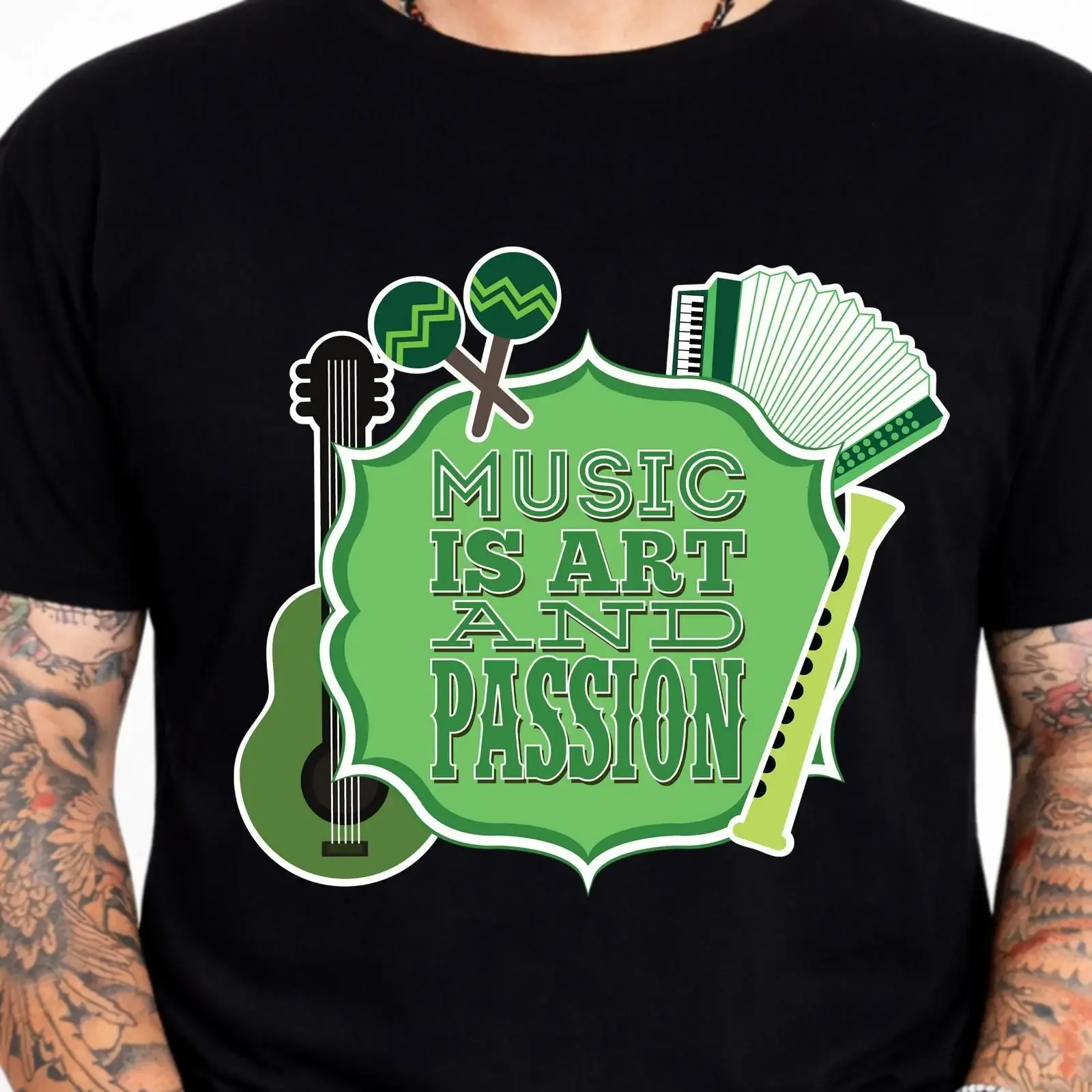 Music Is Art And Passion Guitar Accordion Musician Band Lover T Shirt vintage Washed Top For Everyday Wear Slightly Stylish