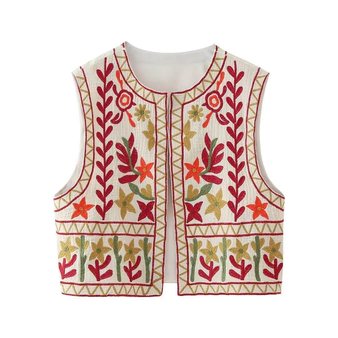 2024 Women's Spring Embroidery Color Vest Color Matching Cardigan Retro Sleeve Vest