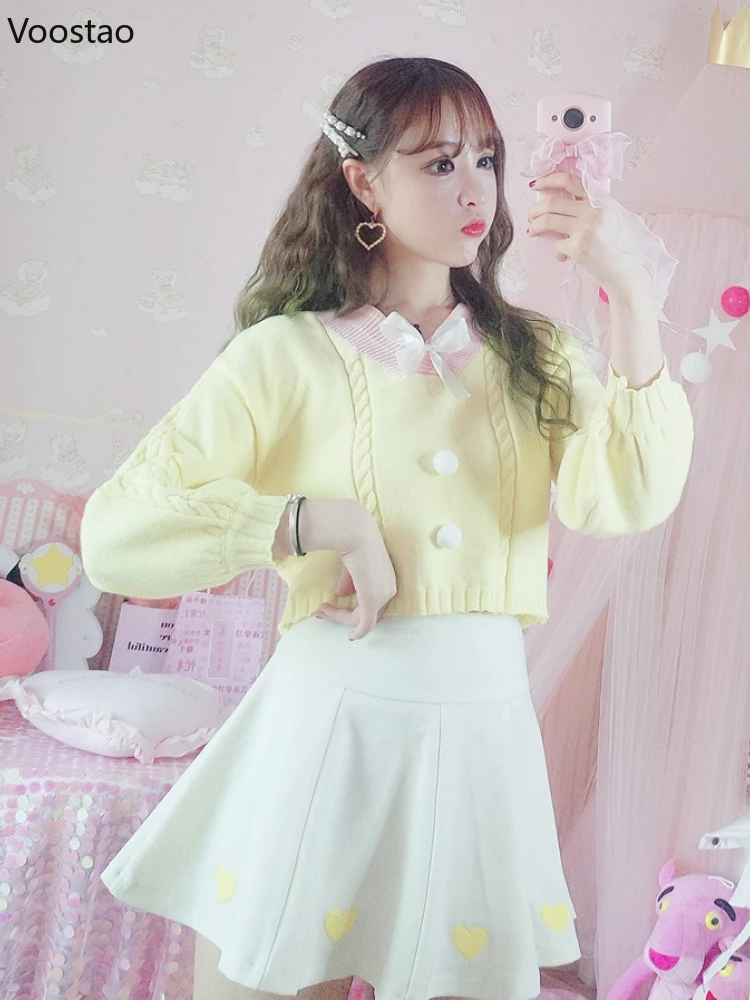 Korean Sweet Lolita Women V-Neck Knitted Pullovers Vintage Loose Jumper Cute Bow Japanese Girls Preppy Style Sweater Crop Tops