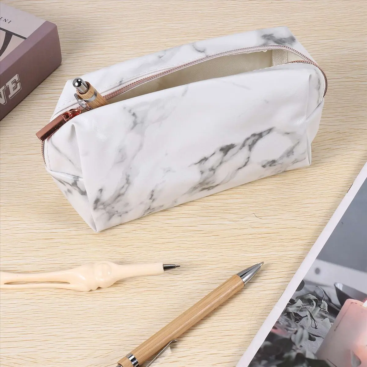 ABYA White Marble PU Stationery Pencil Case Pouch Makeup Bag with Rose Gold Zip for Girls Woman's Teenagers