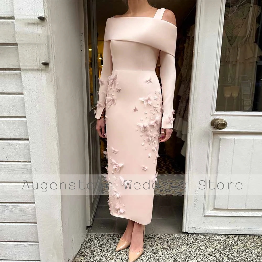 

Chic 2025 Bride Gowns for Women Satin Sheath/Column Wedding Party Dresses Pink Off-the-shoulder Applique Butterfly Gala Dresses