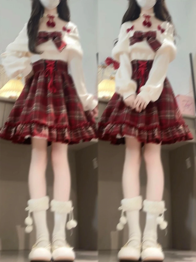 

Сладкое красное клетчатое платье на одно плечо для женщин, зимнее, больших размеров, с эффектом похудения, с завышенной талией, во французском стиле, с длинными рукавами