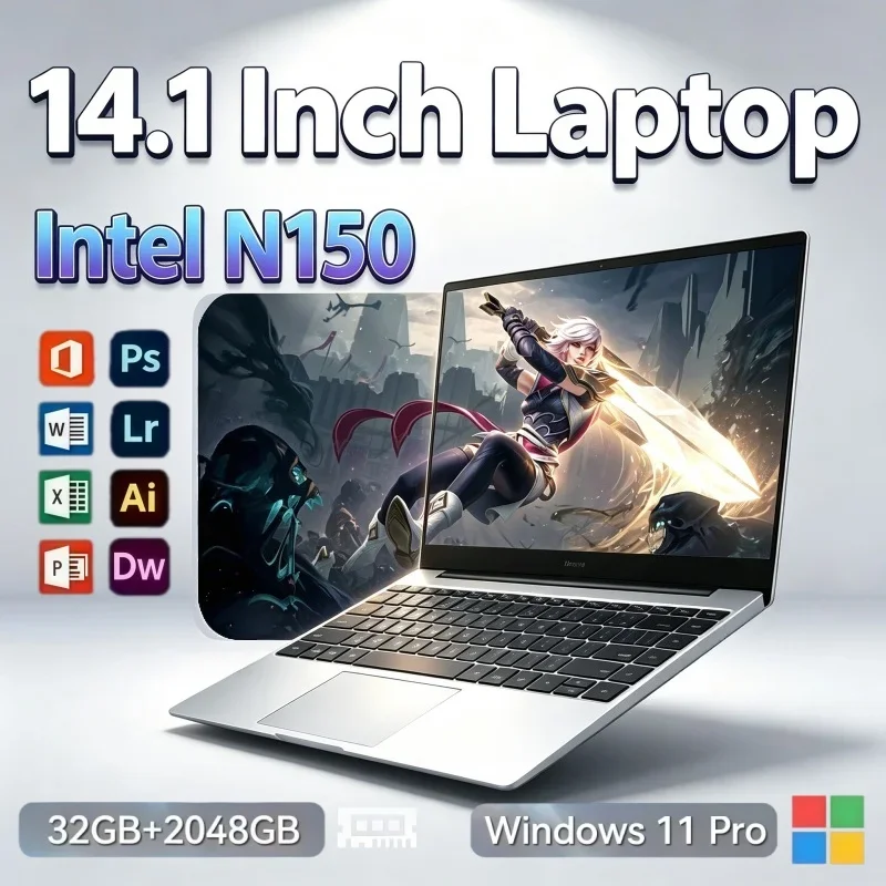 14.1 Inch Light Laptop Intel N150 32GB RAM 2TB Big SSD Windows11 Notebook PC For Home Entertainment & Office Document Work