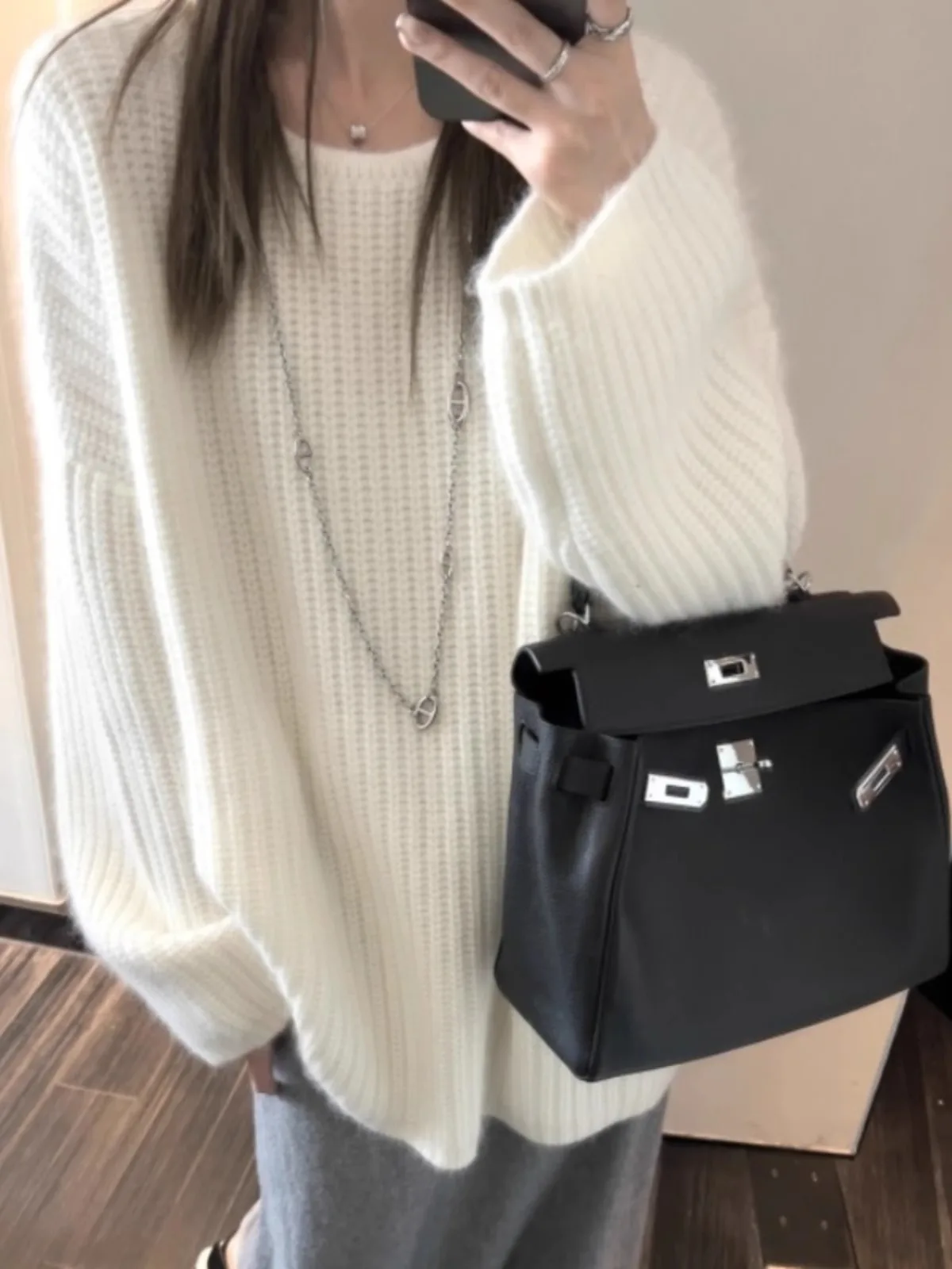 Fashion all-in-one round neck mid-length pure cashmere knitwear women loose autumn and winter wool long skirt wear sweater