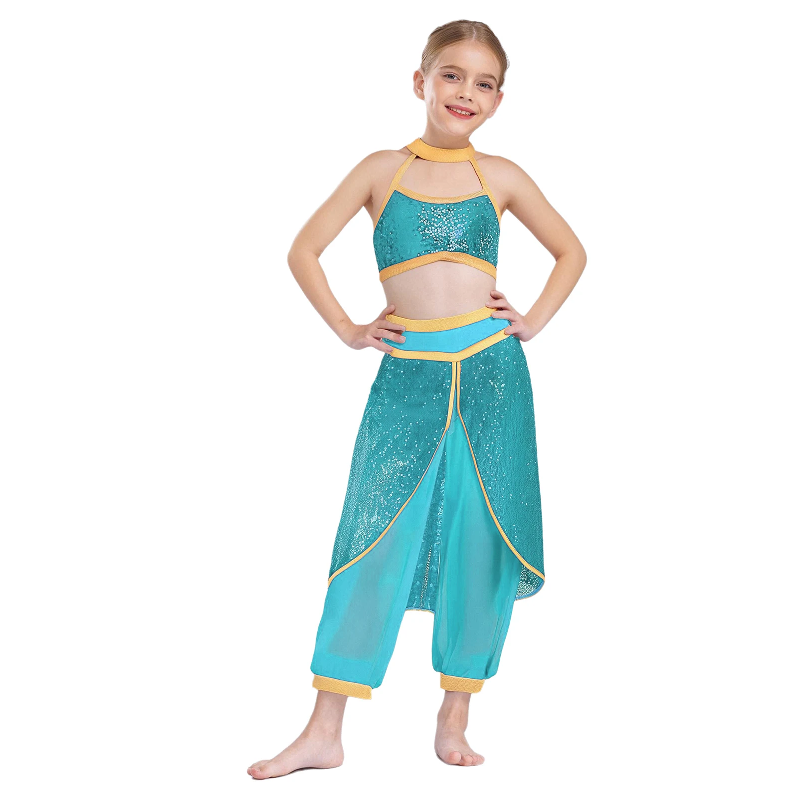 

Kids Girls Belly Dance Outfit Sleeveless Halter Crop Top with Overlay Pants Set for Indian Folk Belly Dance Performance Costumes