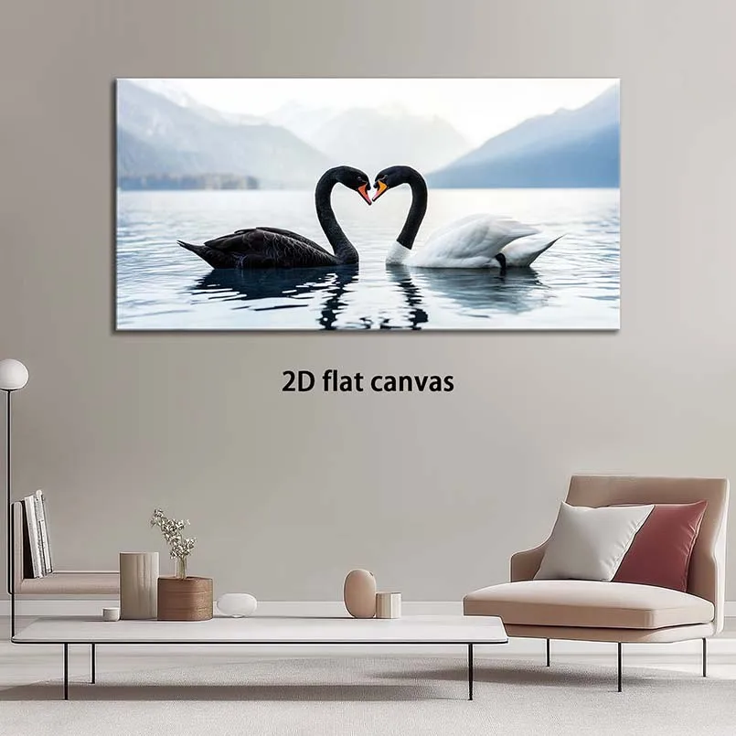 (No frame)2D Flat, Modern Wall Art Swan Couple Painting, Wood-stretched Framed Picture for Bathroom, Kitchen, Dining Room, Of