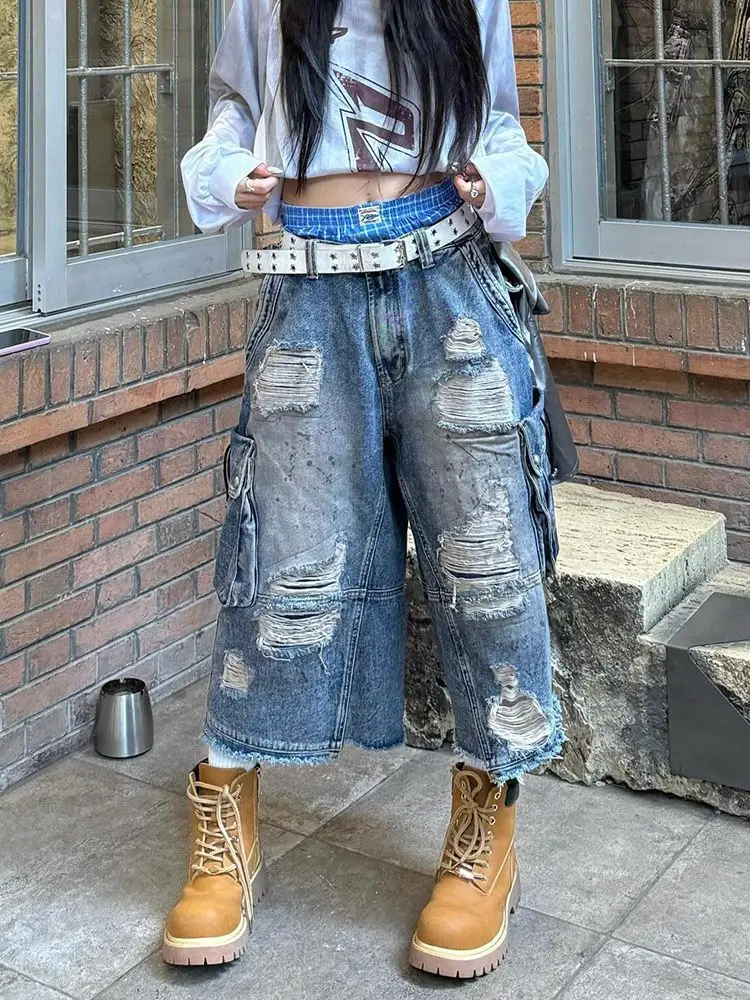 

American Retro Washing And Ripped Denim Cropped Pants Women Summer Hot Girls Loose Slim Versatile Sci-Scissors Mid-Scissors