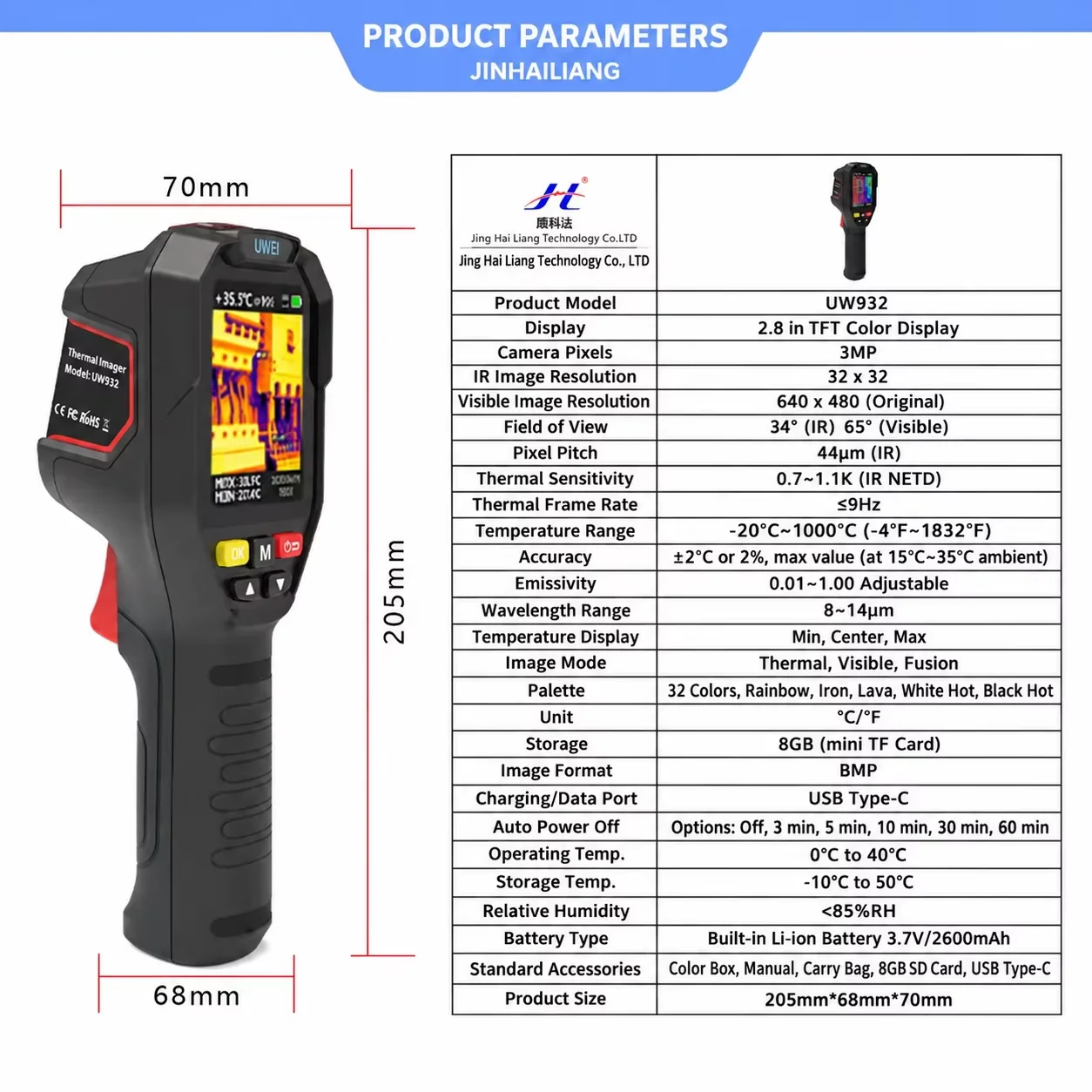 32x32 IR Thermal Camera -20°C to 1000°C Handheld Infrared Imager LED Flashlight TFT Display 8GB for HVAC Electrical Inspection