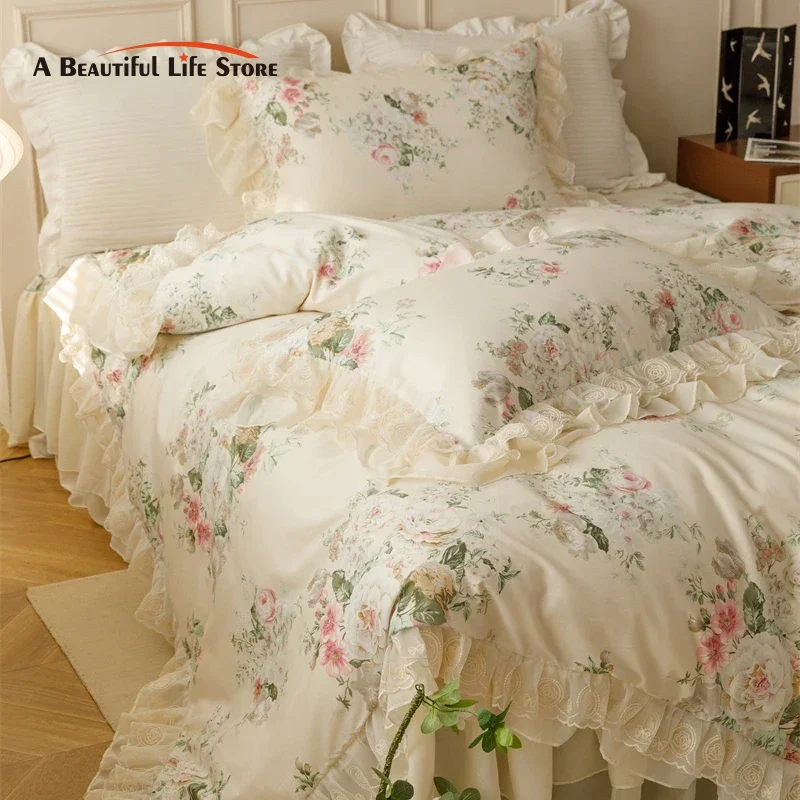 100% Cotton Vintage French Pastoral Country Flowers Print Double layer Lace Ruffles Bedding Set Duvet Cover Bed Skirt Pillowcase