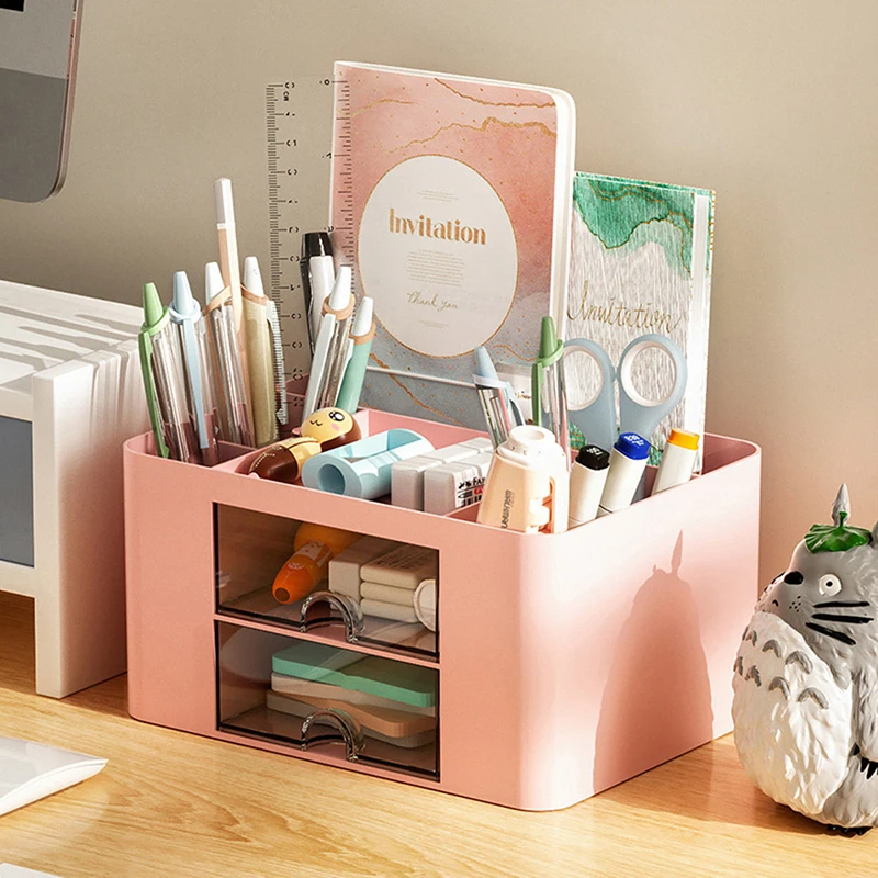 Simple Solid Color Pen Holder With 2 Drawer Large Capacity Multifunction Stationery Storage Box Student Office Desktop Organizer