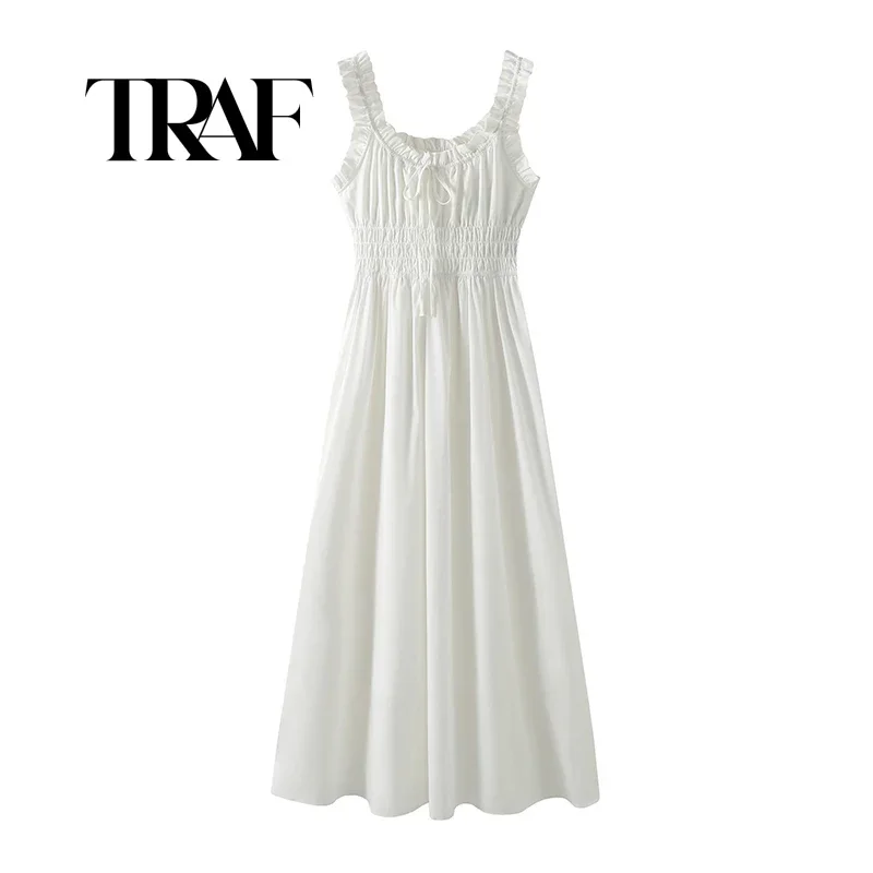 TRAF Sleeveless Dress Women Summer French Style Vintage Spaghetti Strap Long Dresses Female Elegant Sweet Tie Up Dress