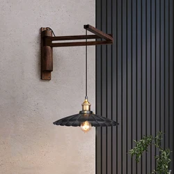Wall lamp Japanese solid wood bedroom bedside lamp Nordic retro folding rocker arm homestayrestaurant aisle light iron art