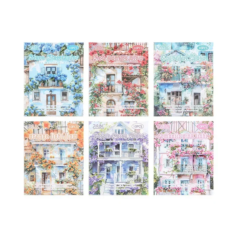 10 Pcs/bag Watercolor Mansion with Plants Flowers Washi Paper Sticker Bag Scrapbook Journaling DIY Decorative Collages