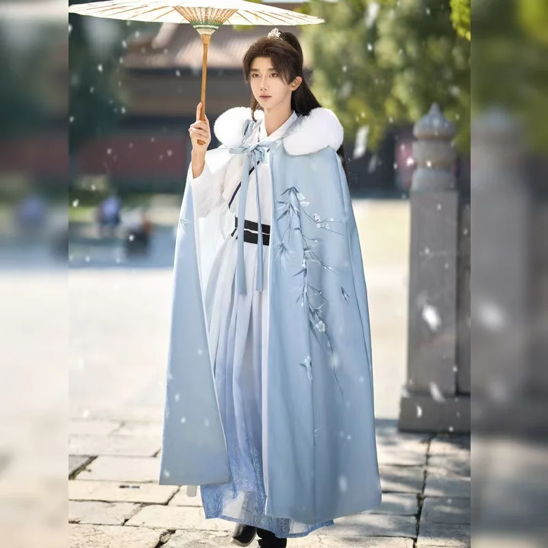 Cape à col en peluche vintage Royal Knight pour hommes, velours épais, impression de bambou, longue robe, Hanfu Everak, faille, glace, neige, hiver, cosplay