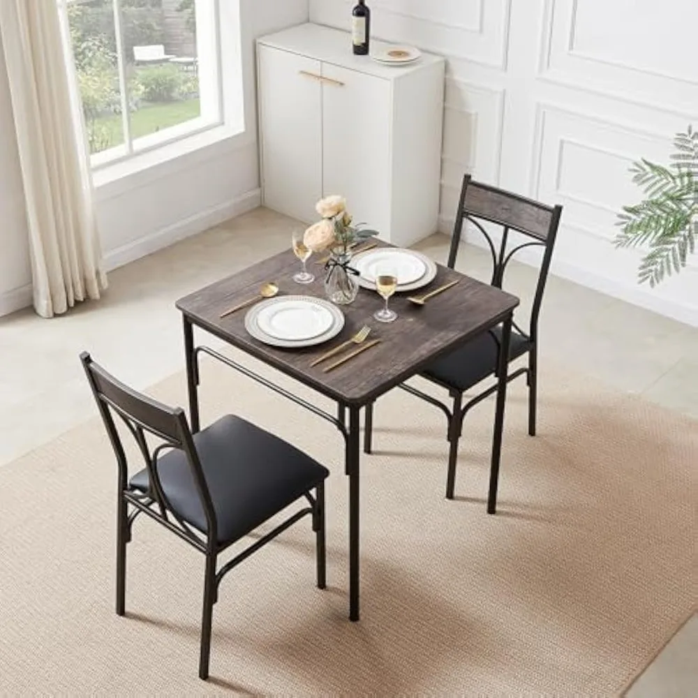 Kitchen & Dinning Room 3 pieceTable Dinner Table Pu Cushion Chair Small Space,Modern Industrial Style, Dark Brown, Dining Set